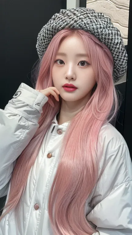 arafed woman with pink hair wearing a hat and a jacket, roseanne park by blackpink, Sakimichan, ulzzang, pale korean adorable face, with pink hair, taken in the early 2020s, jinyoung shin, jaeyeon nam, with long white hair, heonhwa choe, shikami, with long...