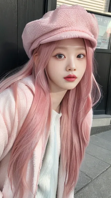 arafed woman with pink hair wearing a hat and a jacket, roseanne park by blackpink, sakimichan, ulzzang, pale korean adorable fa...