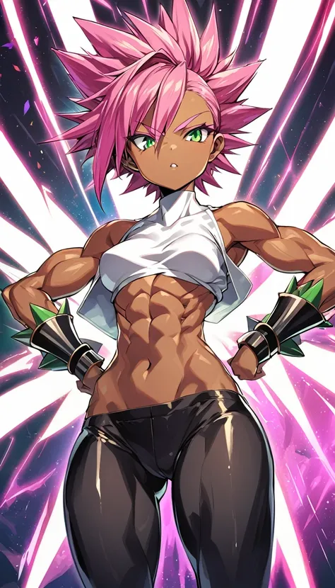 a girl, Saiyan, dark pink hair, hot pink, super saiyan, super saiyan rose, spiky, green eyes, defined muscles, thin waist, wide hips, dark skin, medium breasts, tight clothes, white t-shirt, black pants, pink rays around, black rays around
