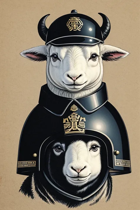 Chinese ink style image.
The face of a lamb (ANIMAL), who is wearing a modern military helmet unbuttoned facing forward