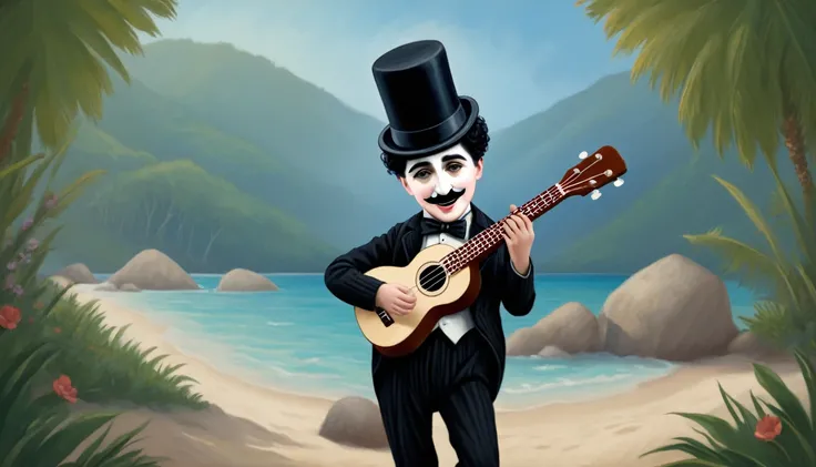  carlitos(Charles Chaplin) playing Ukulele, by Genevieve Naylor 