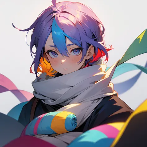 Se muestra una imagen de un personaje de anime con el cabello colorido del arcoíris y una scarf, 1 , male focus, multicolored hair, Alone, looking at the viewer, White background, scarf, grey eyes, blush