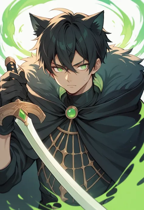 anime boy wearing a black cloak with green energy around him, black hair, green eyes, holding a sword, 4k, anime, black cat ears, dark skin,