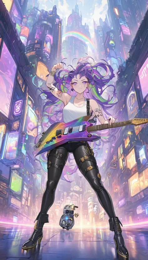 Highest quality, Super Fine, 16K, Incredibly absurd, Very detailed, 2.5D, delicate and dynamic, Beautiful woman playing electric guitar, A cool guitar with a star-shaped gold-plated body, White tank top, black tight leather pants, Engineer boot, Tattoo, ac...