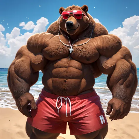 male, anthro, muscle, (kemono), (grizzly bear), brown fur, pumped body, red swim trunks with a cross, lifeguard, sunglasses, beach, half length portrait, by bara, detailed beach background, light particles, hi res, bara