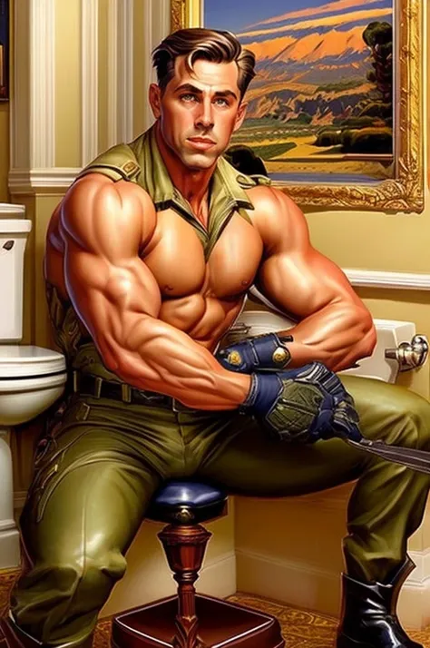 llustration in leyendecker style : dan rockwell is a military man with his pants down , sitting on the toilet , and shitting in ...