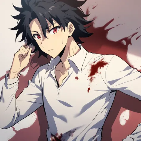 Ecchi anime style, 1 chico, man, black hair, disheveled hair, Red eyes, carefree look, pose sexy, defined body, White polo shirt, long sleeves, blood stains, shadows,