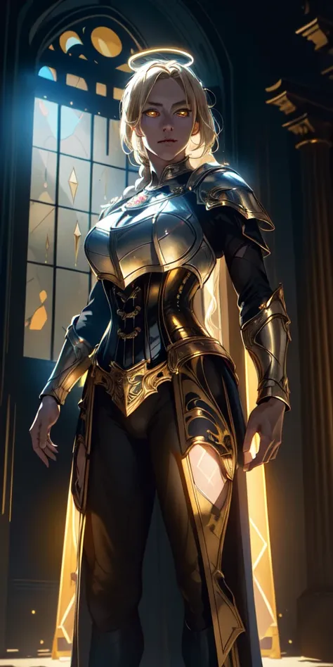 a beautiful paladin lady in ornate golden armor, black collar, pauldrons, breastplate, corset, glowing halo, single braid, blonde hair, yellow glowing eyes, bright pupils, intense eye focus, red cape, standing in a temple with stained glass windows, night ...