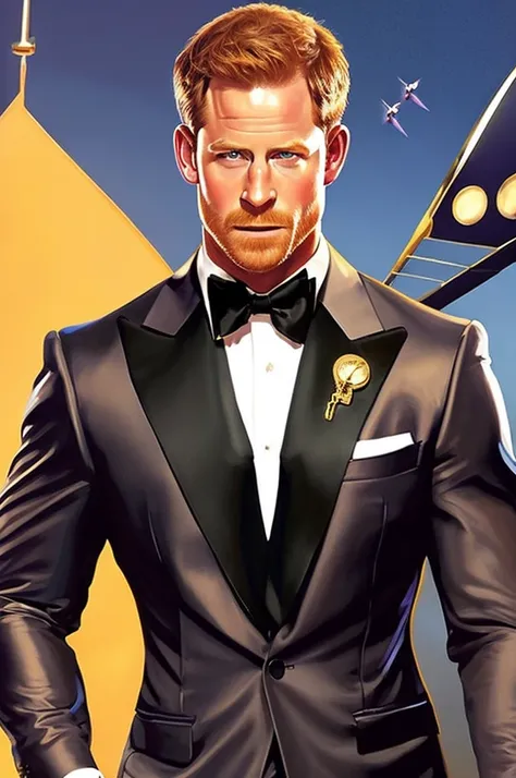 lustration in leyendecker style : muscular and pumped-up prince harry as james bond , agent 007, in an expensive suit