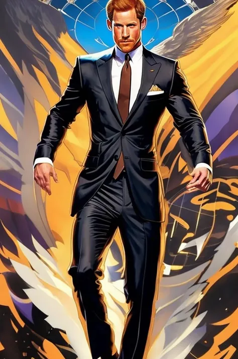 lustration in leyendecker style : muscular and pumped-up prince harry as james bond , agent 007, in an expensive suit