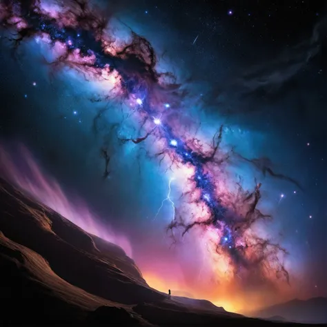 In the vast expanse of the cosmos, a nebula-shaped creature emerges before the serene surface of a distant planet. The creatures ethereal form undulates with an iridescent glow, as if infused with the essence of stardust. lightning bolts crackle through th...