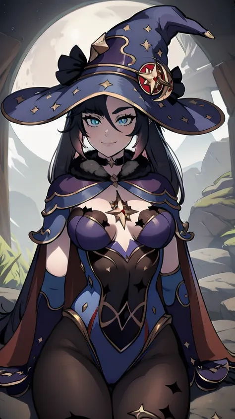 (aesthetic, best quality, masterpiece), mona, looking at viewer, cowboy shot, smile, highly detailed eyes, witch hat, bodystocki...