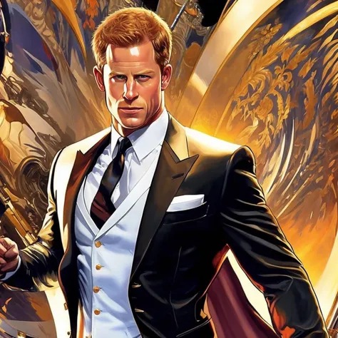 lustration in leyendecker style : muscular and pumped-up prince harry as james bond , agent 007, in an expensive suit