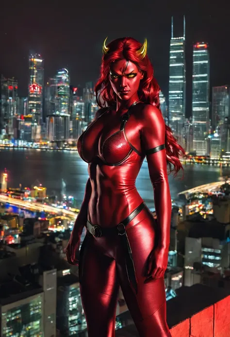 RedSheHulk, yellow eyes, red skin, 
cityscape, night,  
smug,