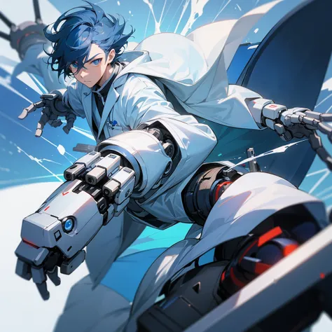 anime man, lab coat, floating in a white space, mechanical arms, robotic chaos, blue lens