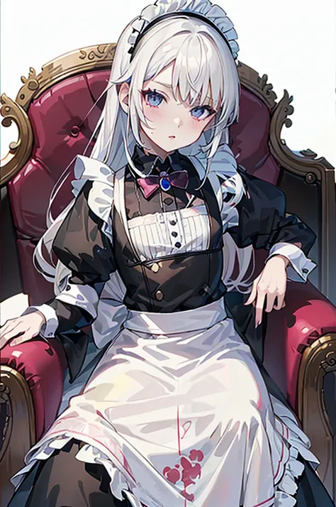 1 chico, maid, white with rainbow tips, male gender, white hair with multicolor tips, Alone, White background, grey eyes, blush on her cheeks, small birth, pink lips