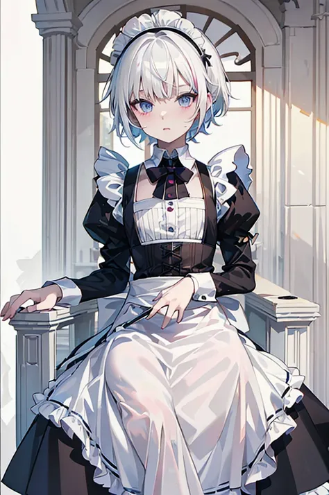 1 chico, maid, white with rainbow tips, male gender, white hair with multicolor tips, Alone, White background, grey eyes, blush on her cheeks, small birth, pink lips