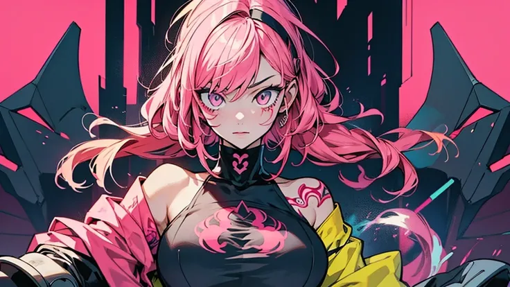 Alternative anime girl covered in tattoos, lots of tattoos, tattoo sleeves, focus on pink and yellow colours, illustration, basic colour backgrounds, industrial, graphic, Lino print