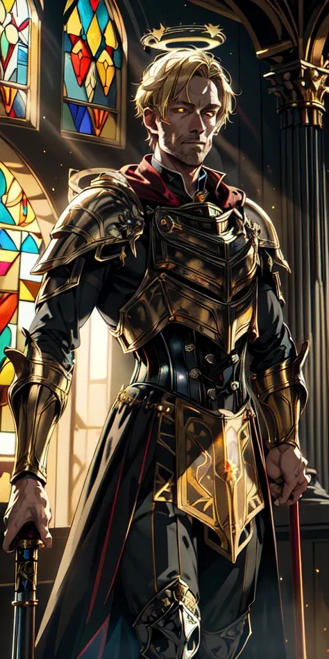 upper body of lord paladin in ornate golden armor, black collar, walking sticks, breastplate, corset, halo brilhante, blond, bright yellow eyes, shiny pupils, eye focus, red cloak, temple indoors, stained-glass windows, natta, moonlights, particles, ray of...