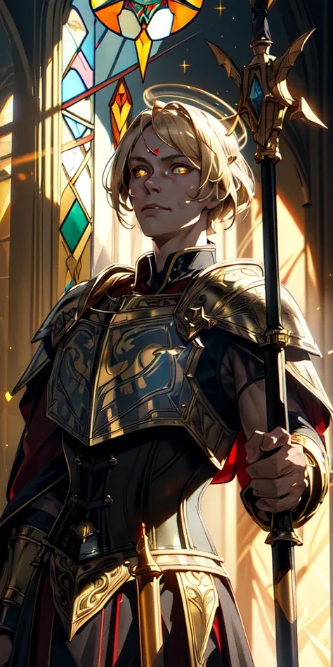 upper body of lord paladin in ornate golden armor, black collar, walking sticks, breastplate, corset, halo brilhante, blond, bright yellow eyes, shiny pupils, eye focus, red cloak, temple indoors, stained-glass windows, natta, moonlights, particles, ray of...