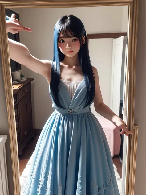 masterpiece, Highest quality,, 8k wallpaper, Very detailed, 1 girl, Sky blue hair, Long Hair, Detailed eyes, In front of the mirror、Taking a selfie、nude、whole body、cute