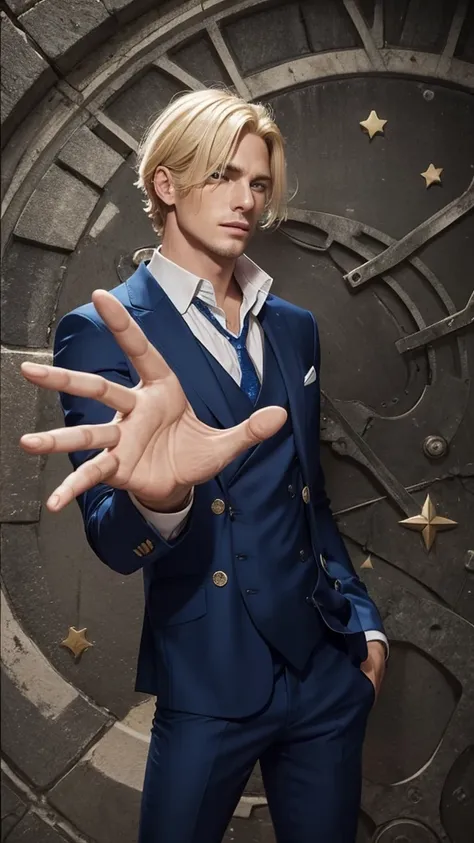 a man with blond hair, with a blue suit set, brave humor