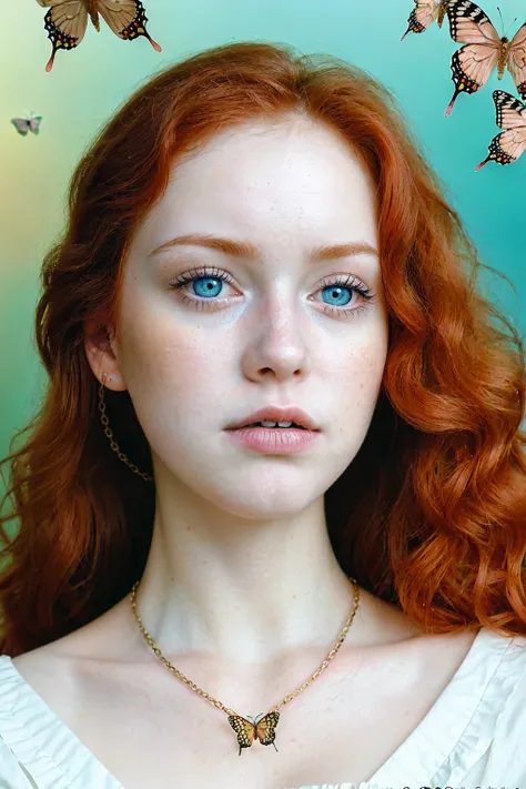 **Analog photography of a redhead girl, 18 years old, with blue eyes, soft makeup, and bold pink puffy lips. Her curly hair frames her very pale skin, highlighting her huge round breasts, she is dressed in a lingerie-set, and gold-wide chains. Oversized ey...