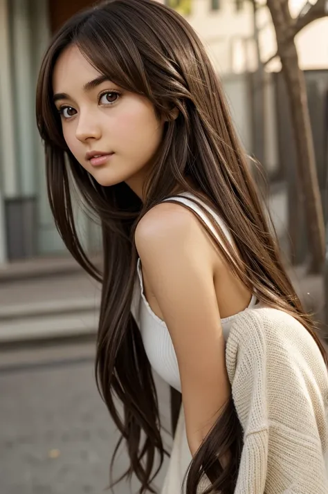 Anime girl with long dark brown hair, almond-shaped brown eyes, nose with a small hump, oval face, 