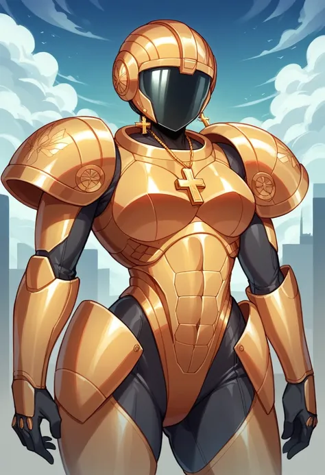 technological cyber warrior, rich woman, beautiful, silver and golden cyber suit, silver and golden cyber helmet, her face can be seen despite her helmet, she is wearing the helmet, gold earrings, gold cross necklace, 20 years old, tall, short black hair, ...