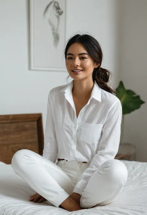 A woman in a white shirt and white pants sitting on a bed