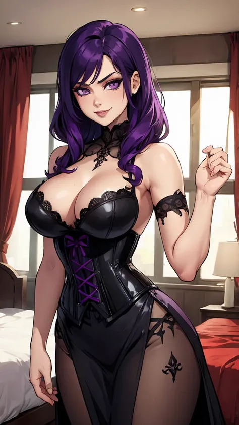 (masterpiece), best quality, expressive eyes, perfect face, purple hair, corset, evil smile, cleavage, Goth, Goth clothes, bedroom