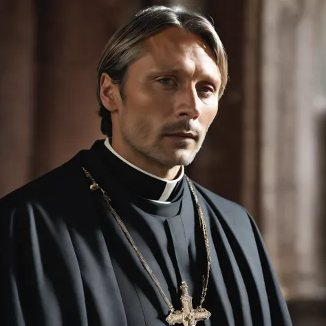 Mads Mikkelsen as a priest, 45 years old, portrait, focus on the face