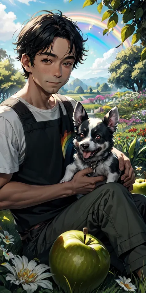 {
  "A two-year-old boy sitting in a lush, green, and flower-filled garden. He is holding an apple in his left hand and taking a bite out of it. It is a sunny day with a rainbow in the background, and there is a black and white painted dog behind him.",
  ...