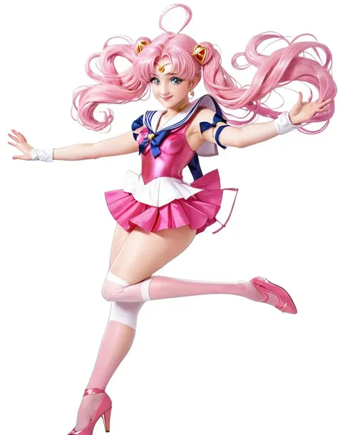 sailor girl in a pink dress and white top with a pink hair, sailor moon!!!!!!!!, the sailor moon. beautiful, pink iconic character, by Sailor Moon, sailor moon style, magical girl anime mahou shojo, inspired by Sailor Moon, pose(arms up + happy), style of ...