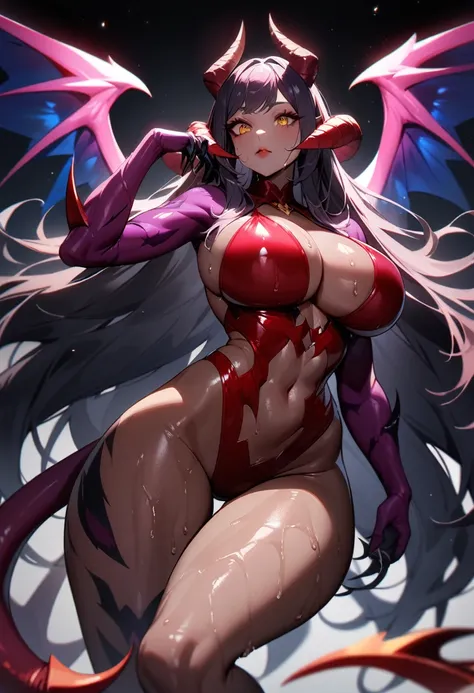 2girl,super detailed skin,shiny skin,wet oily skin, expressionless, majestic wings,devil tail,demon skin, detailed eyes,eyelashes,lips gloss,double tooth,small claws,majestic horns ,large breasts,beautifully shaped breasts, demon body hair ,vibrant colors,...