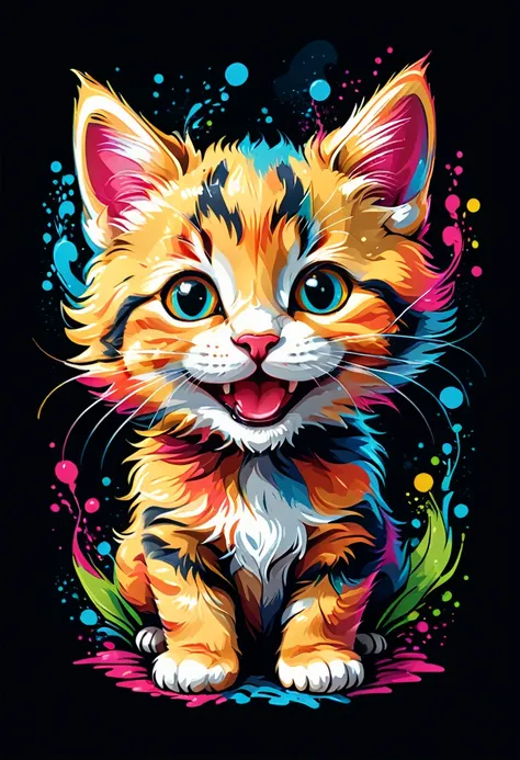 vector art for t-shirt design, of a colorful illustration of a smiling kitten, transparent background, t-shirt design. (art work...