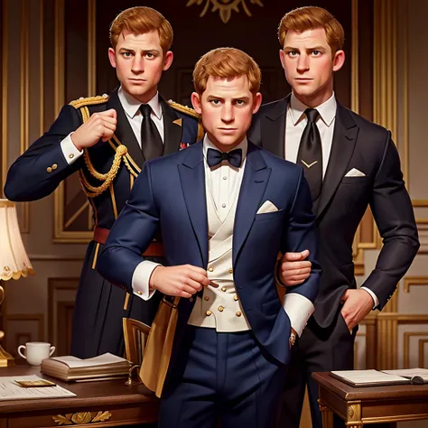 lustration in leyendecker style : muscular and pumped-up prince harry as james bond , agent 007, in an expensive suit