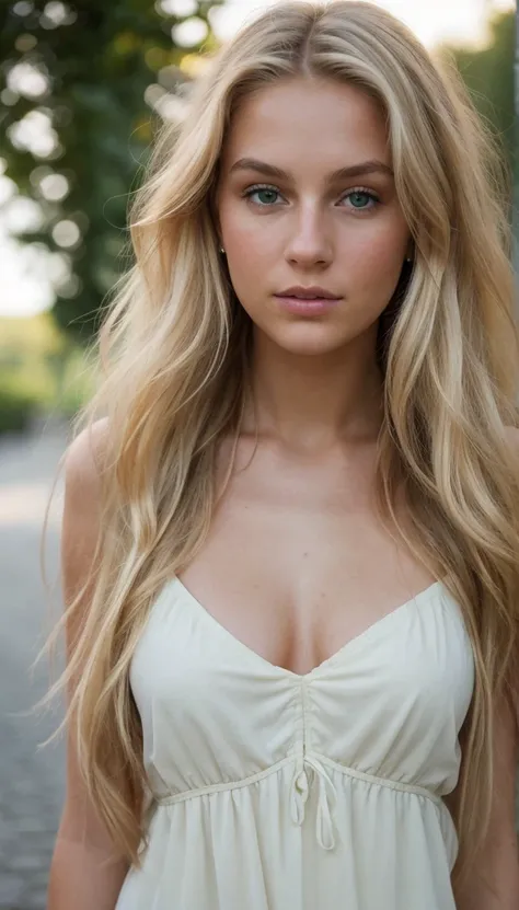 A photorealistic portrait of a 19-year-old Swedish girl with long, flowing blonde hair, striking green eyes, and tanned skin. She should have a natural, approachable expression and be illuminated by soft, golden-hour sunlight. The background should be the ...