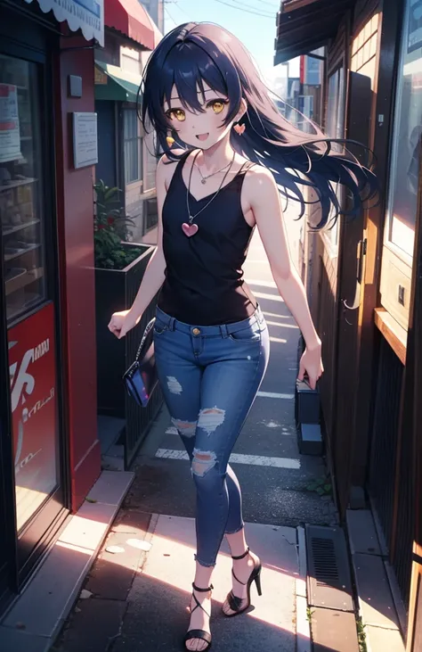 you like it, Umi Sonoda, Long Hair, Blue Hair, (Yellow Eyes:1.5) (Flat Chest:1.2),Blue Tank Top,Heart Necklace,Skinny jeans,Stiletto heels,happy smile, smile, Open your mouth,Walking,Daytime,Clear skies,whole bodyがイラストに入るように,
break outdoors, Building distr...