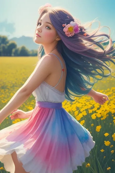 A whimsical girl with long, flowing hair made of flowers, dancing in a field of vibrant colors. Rendered in a dreamy, watercolor style.