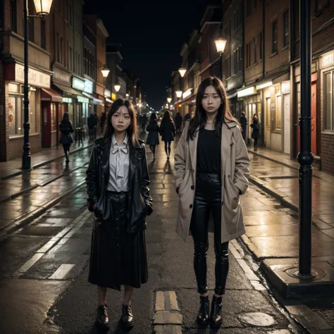 woman standing in the street, looking at the camera, with another woman behind her, tied to the lamp post, scared.