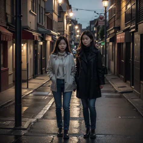 woman standing in the street, looking at the camera, with another woman behind her, tied to the lamp post, scared.