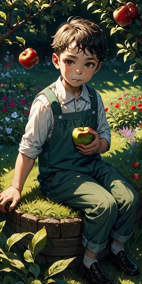 2-year-old boy sitting in a green and flowery garden. He is holding an apple in his left hand and biting it. It&#39;s a sunny day with a rainbow in the background and a dog painted black and white behind it.