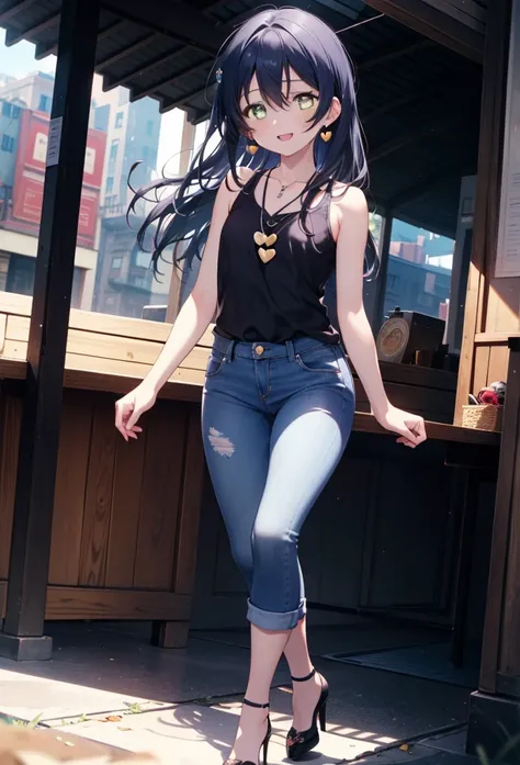 you like it, Umi Sonoda, Long Hair, Blue Hair, (Yellow Eyes:1.5) (Flat Chest:1.2),Blue Tank Top,Heart Necklace,Skinny jeans,Stiletto heels,happy smile, smile, Open your mouth,Walking,Daytime,Clear skies,whole bodyがイラストに入るように,
break outdoors, Building distr...