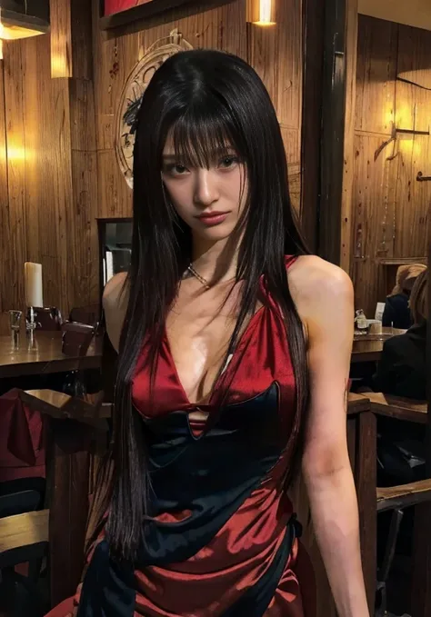 a closeup of a woman in a red dress in a restaurant, in the anime ghost in the shell, revy black lagoon, faye valentin de cowboy...