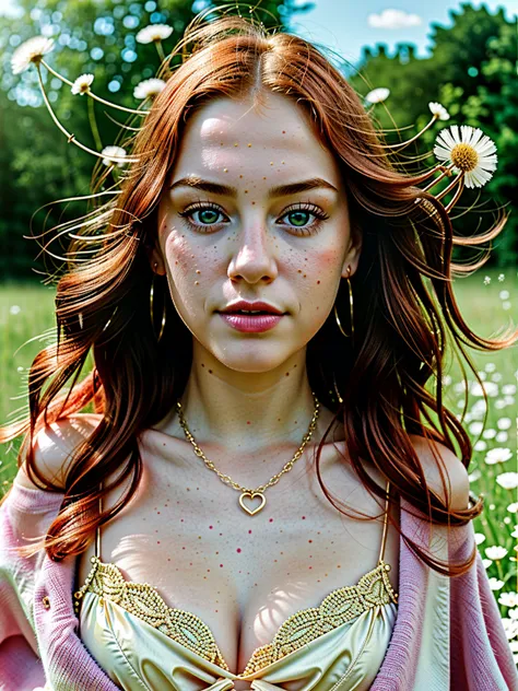 **Analog photography of a redhead girl, 18 years old, with blue eyes, soft makeup, and bold pink puffy lips. Her curly hair frames her very pale skin, highlighting her huge round breasts, she is dressed in a lingerie-set, and gold-wide chains. Oversized ey...