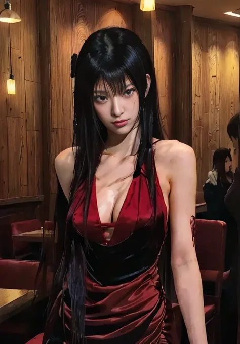 a closeup of a woman in a red dress in a restaurant, in the anime ghost in the shell, revy black lagoon, faye valentin de cowboy bebop, Revy from Black Lagoon, style is a blend of æon flux, seductive anime girl, Rin tohsaka, anime ninja scroll, female anim...