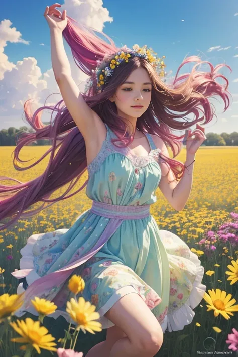 A whimsical girl with long, flowing hair made of flowers, dancing in a field of vibrant colors. Rendered in a dreamy, watercolor style.