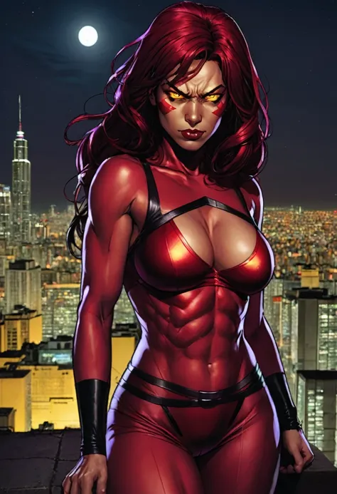 RedSheHulk, yellow eyes, red skin, 
cityscape, night,  
smug,