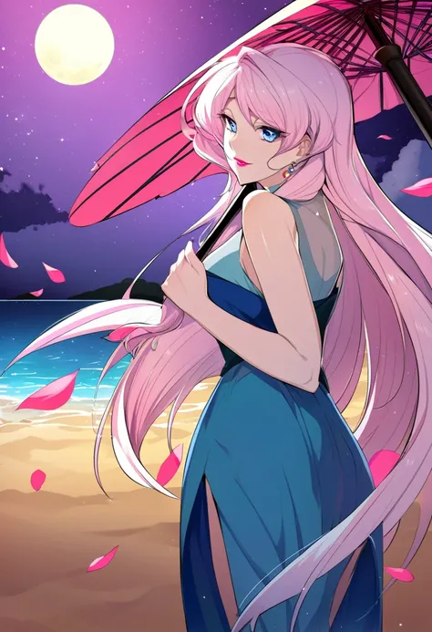 Panel anime manhwa human fairy princess of nature: Elegant mature woman with long light pink hair and light blue eyes, with beach clothes, with Chinese umbrella with pink petals design, with pink lipstick. on a beach with a summer night sky with a bright m...